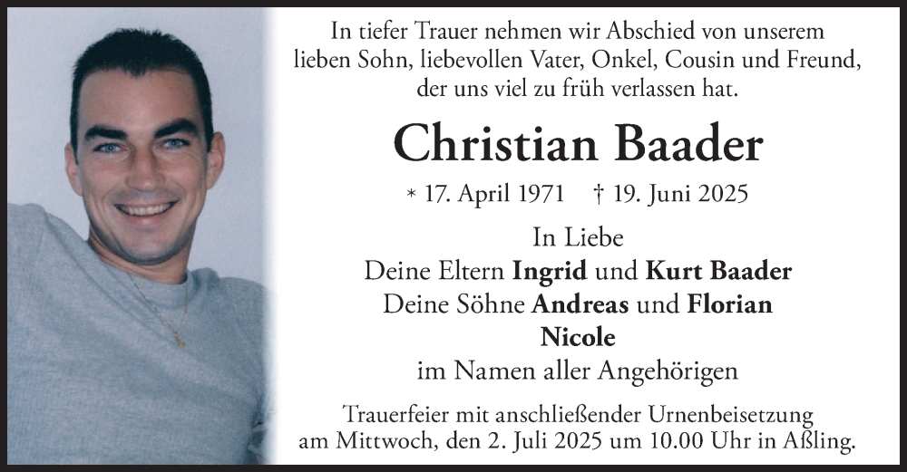  Traueranzeige für Christian Baader vom 28.06.2025 aus merkurtz