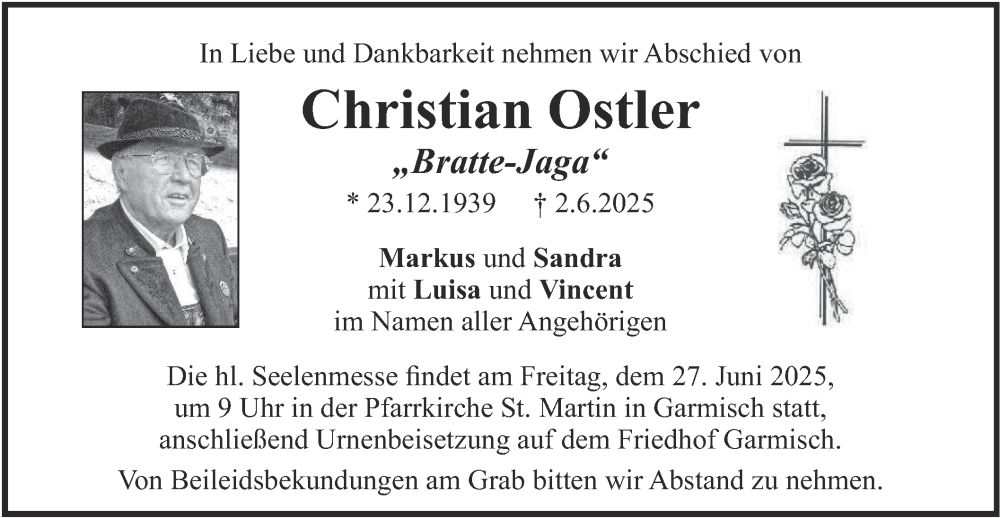  Traueranzeige für Christian Ostler vom 21.06.2025 aus merkurtz