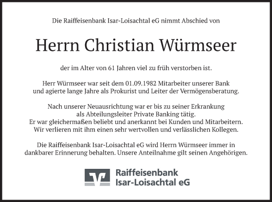 Traueranzeige von Christian Würmseer von merkurtz