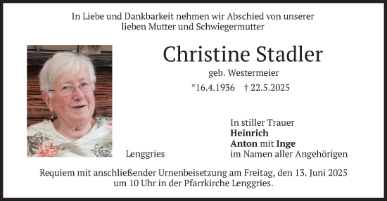 Traueranzeige von Christine Stadler von merkurtz