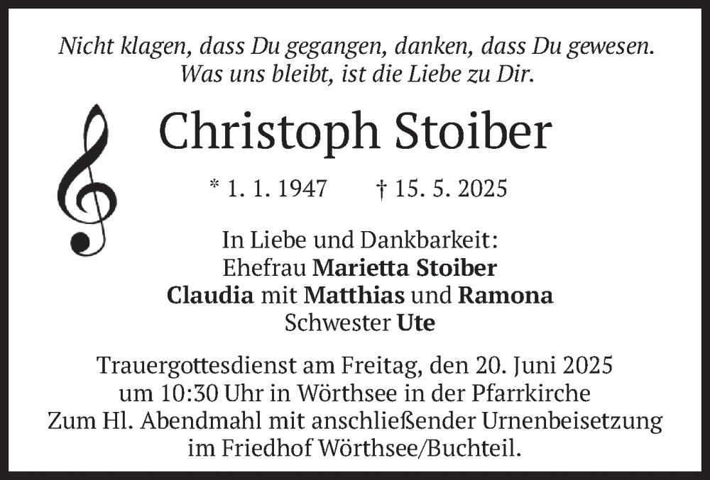  Traueranzeige für Christoph Stoiber vom 14.06.2025 aus merkurtz
