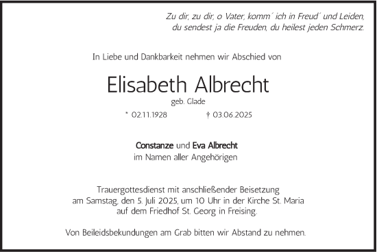 Traueranzeige von Elisabeth Albrecht von merkurtz