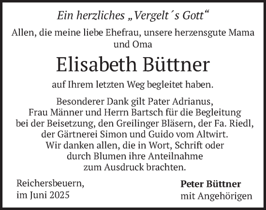 Traueranzeige von Elisabeth Büttner von merkurtz