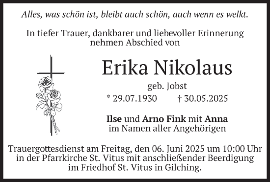 Traueranzeige von Erika Nikolaus von merkurtz