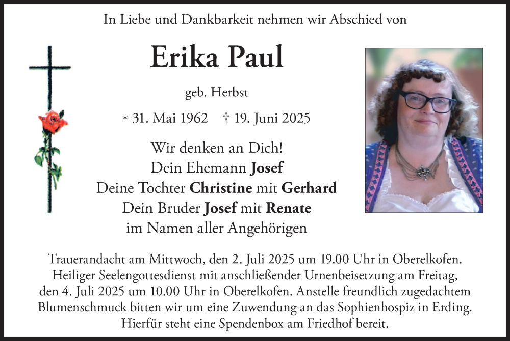  Traueranzeige für Erika Paul vom 28.06.2025 aus merkurtz