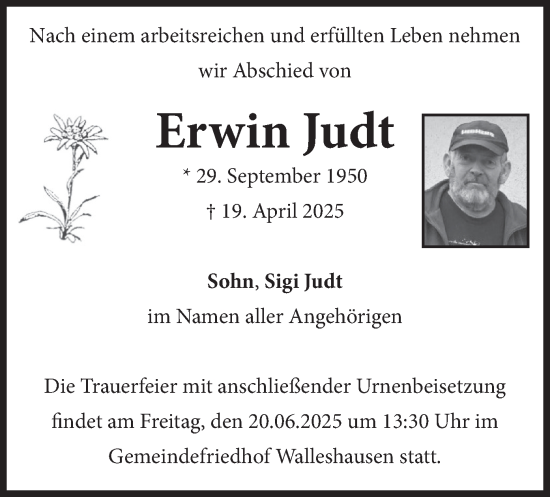 Traueranzeige von Erwin Judt von merkurtz