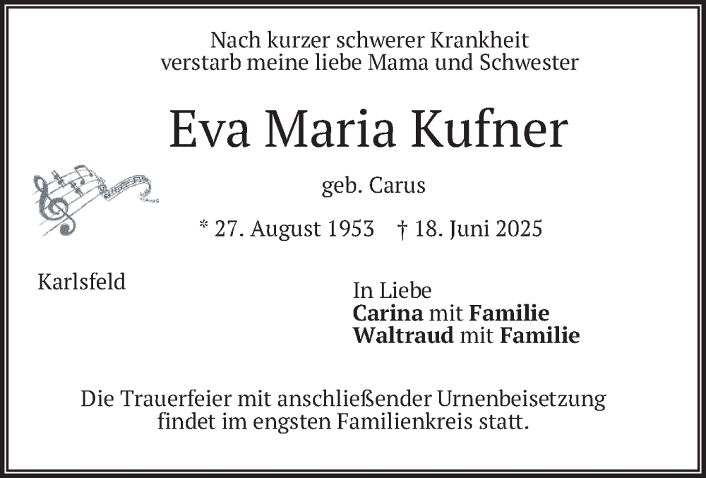  Traueranzeige für Eva Maria Kufner vom 28.06.2025 aus merkurtz