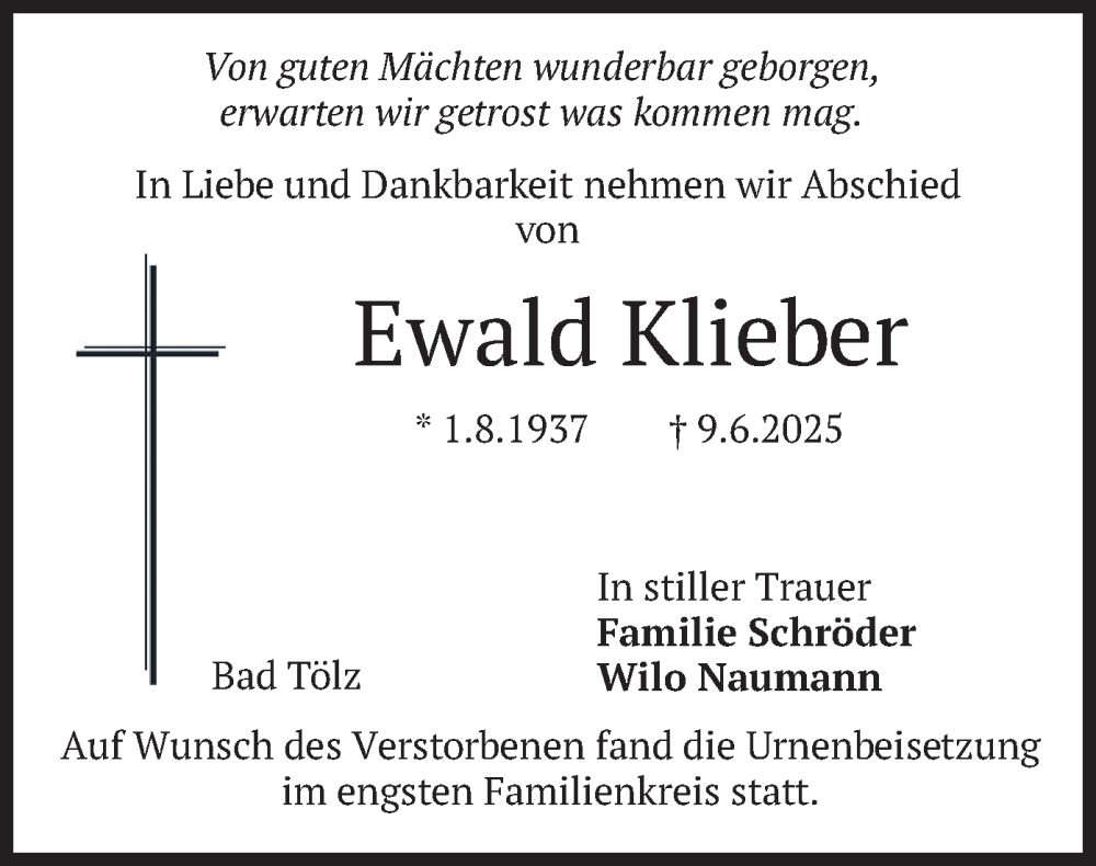 Traueranzeige für Ewald Klieber vom 28.06.2025 aus merkurtz