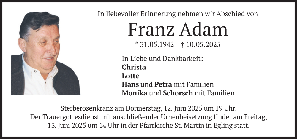 Traueranzeige für Franz Adam vom 07.06.2025 aus merkurtz