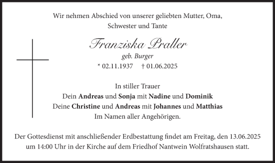 Traueranzeige von Franziska Praller von merkurtz