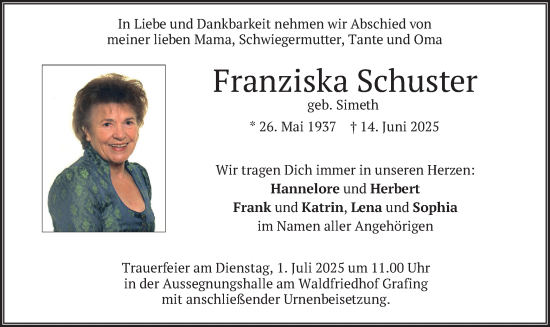 Traueranzeige von Franziska Schuster von merkurtz