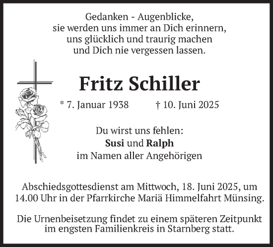 Traueranzeige von Fritz Schiller von merkurtz