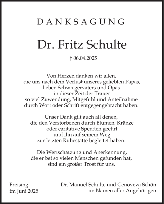 Traueranzeige von Fritz Schulte von merkurtz