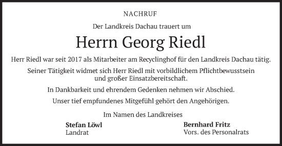 Traueranzeige von Georg Riedl von merkurtz