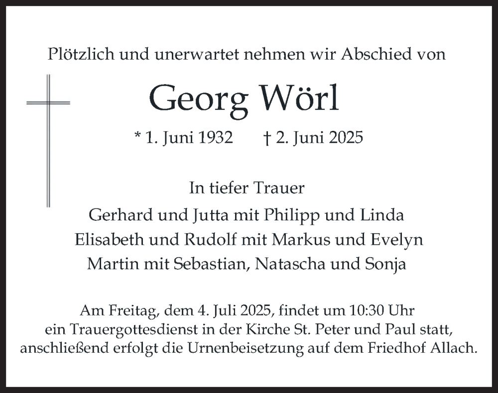  Traueranzeige für Georg Wörl vom 28.06.2025 aus merkurtz