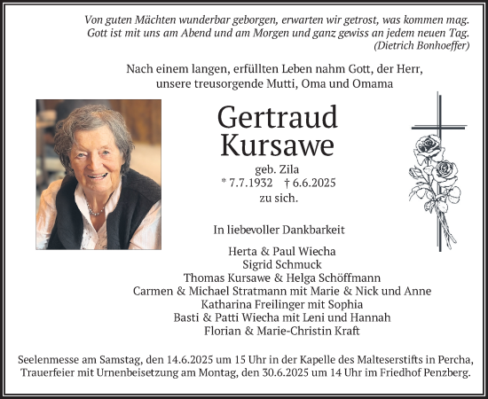 Traueranzeige von Gertraud Kursawe von merkurtz