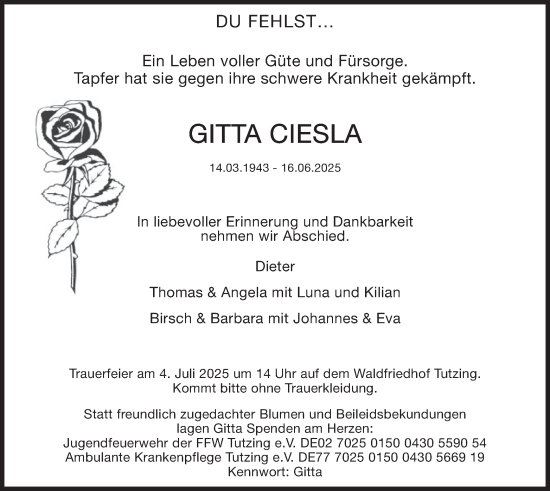 Traueranzeige von Gitta Ciesla von merkurtz