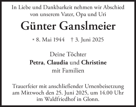Traueranzeige von Günter Ganslmeier von merkurtz