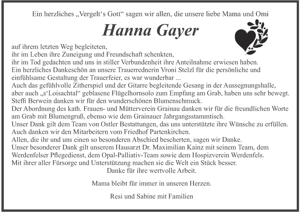  Traueranzeige für Hanna Gayer vom 14.06.2025 aus merkurtz