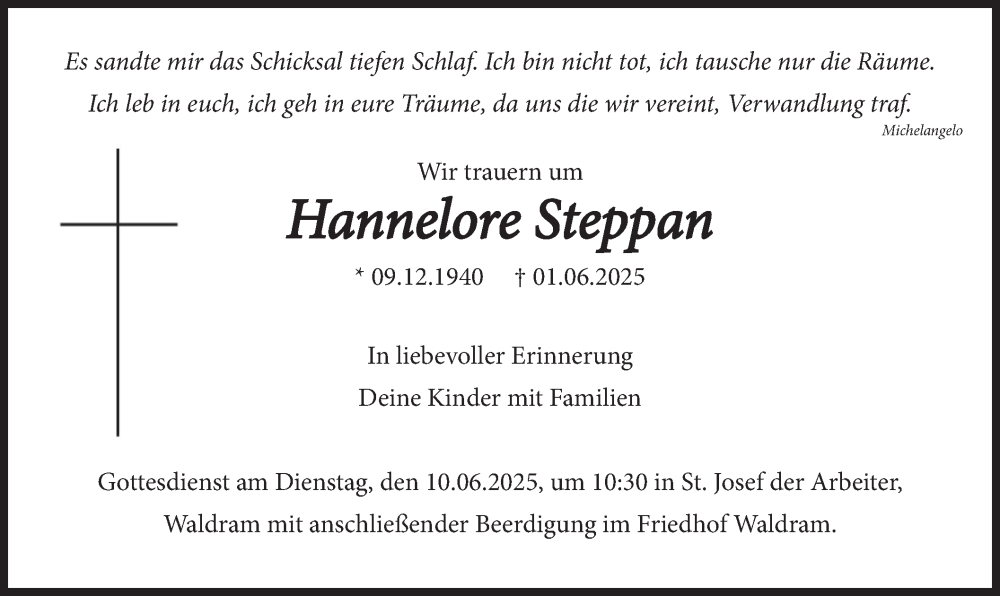  Traueranzeige für Hannelore Steppan vom 07.06.2025 aus merkurtz