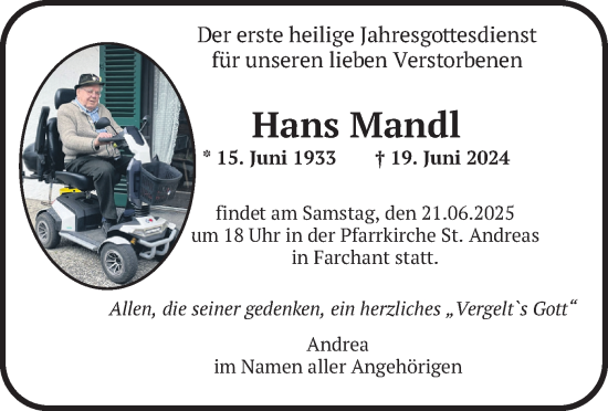 Traueranzeige von Hans Mandl von merkurtz