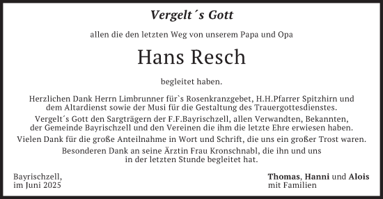 Traueranzeige von Hans Resch von merkurtz
