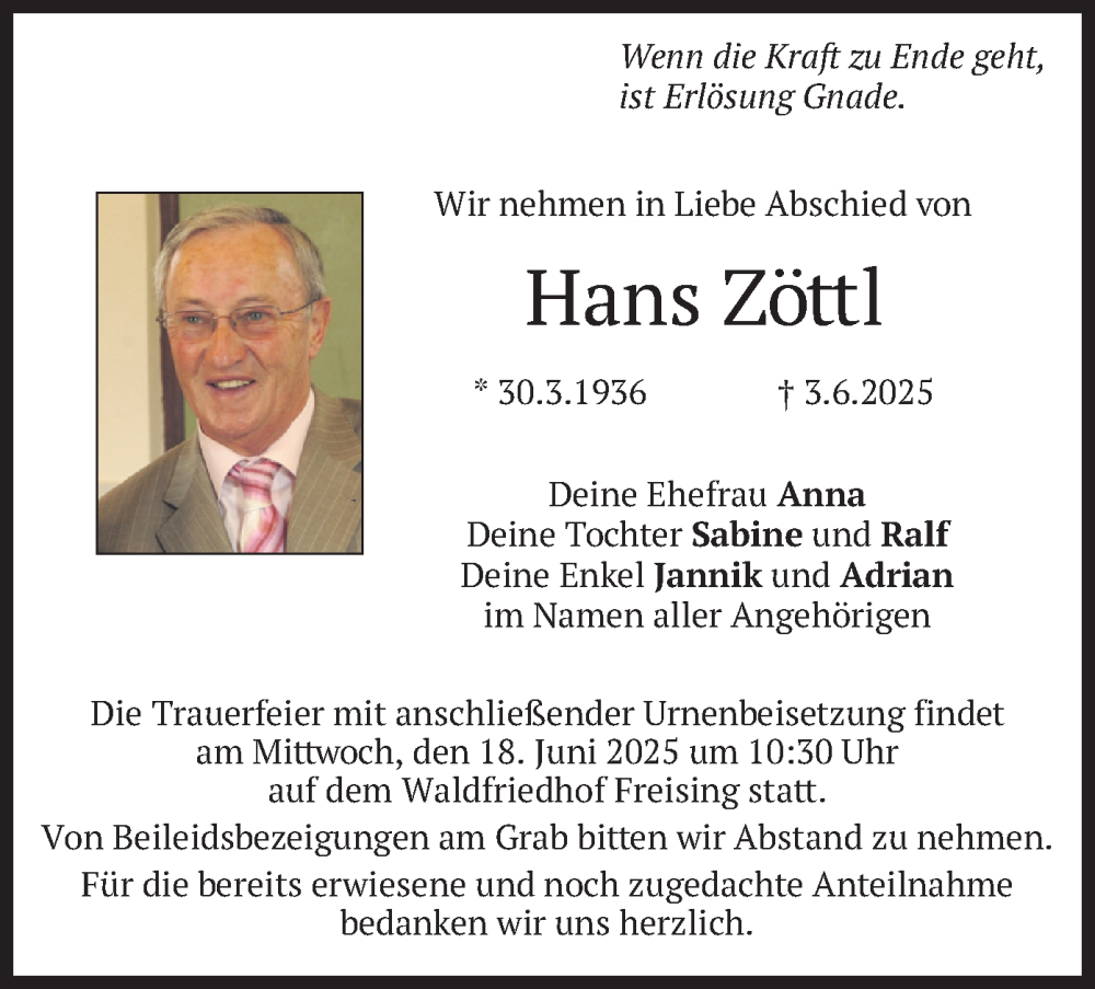  Traueranzeige für Hans Zöttl vom 14.06.2025 aus merkurtz