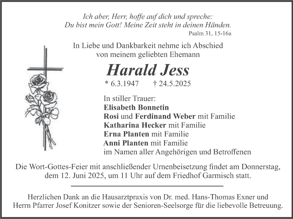  Traueranzeige für Harald Jess vom 07.06.2025 aus merkurtz