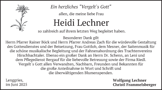 Traueranzeige von Heidi Lechner von merkurtz