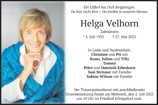 Traueranzeige von Helga Velhorn von merkurtz