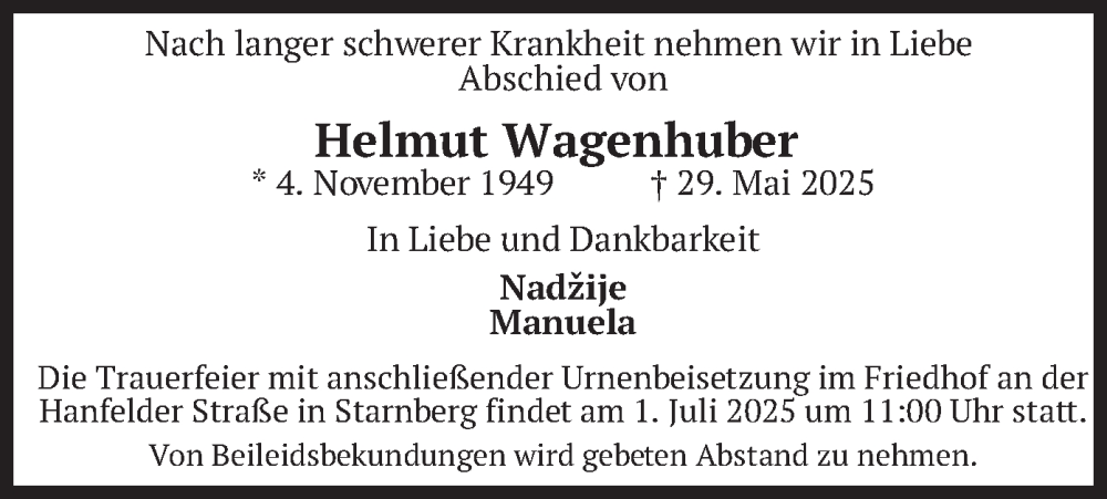  Traueranzeige für Helmut Wagenhuber vom 28.06.2025 aus merkurtz
