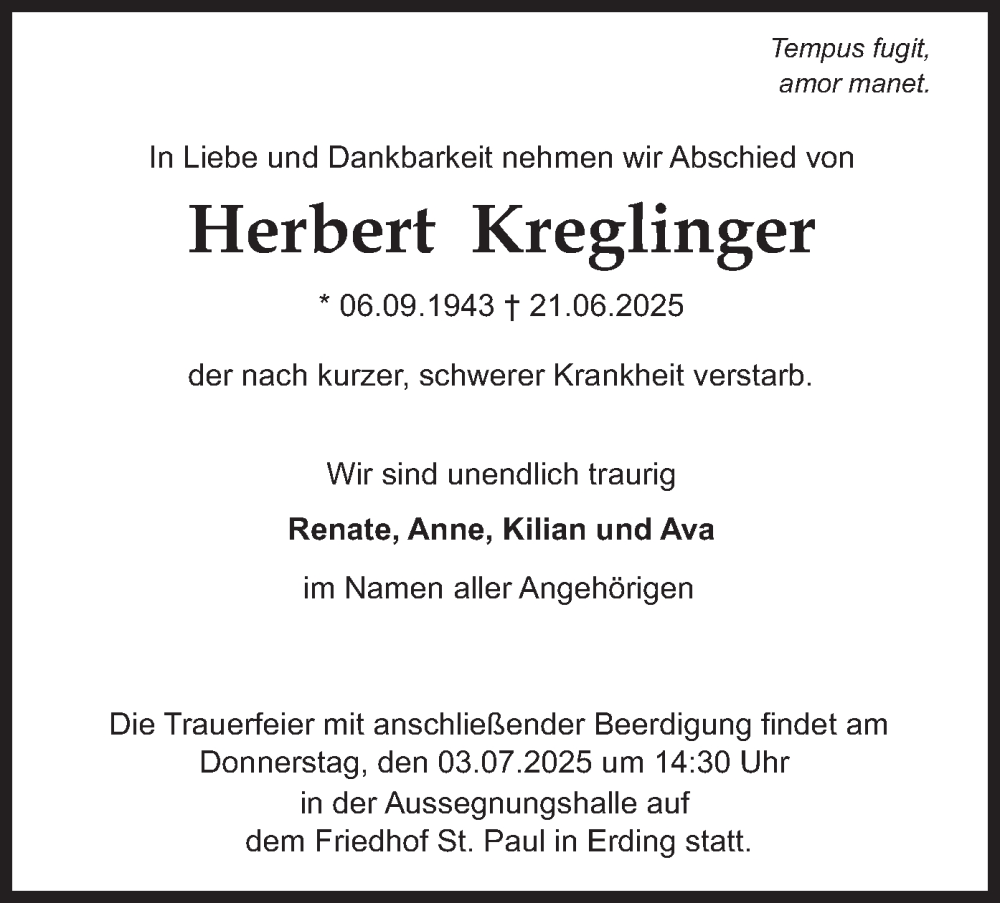  Traueranzeige für Herbert Kreglinger vom 28.06.2025 aus merkurtz