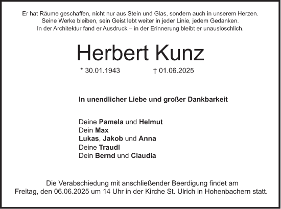 Traueranzeige von Herbert Kunz von merkurtz