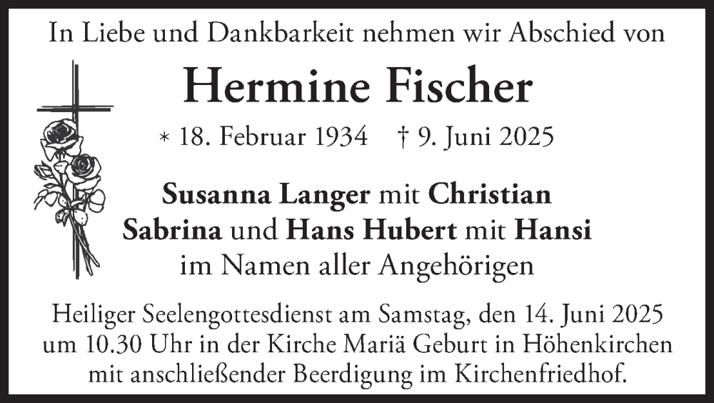  Traueranzeige für Hermine Fischer vom 12.06.2025 aus merkurtz