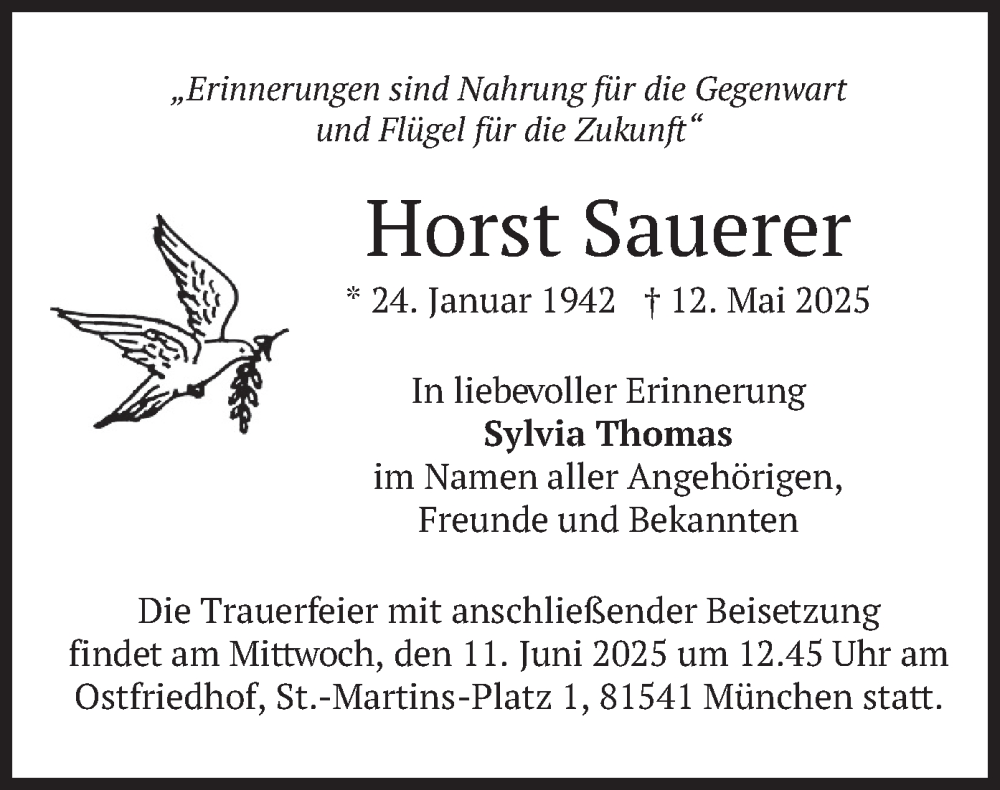  Traueranzeige für Horst Sauerer vom 07.06.2025 aus merkurtz
