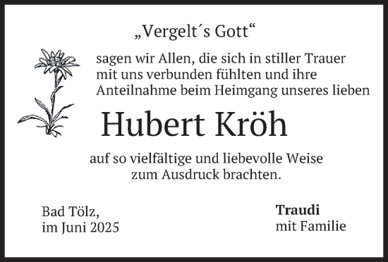 Traueranzeige von Hubert Kröh von merkurtz