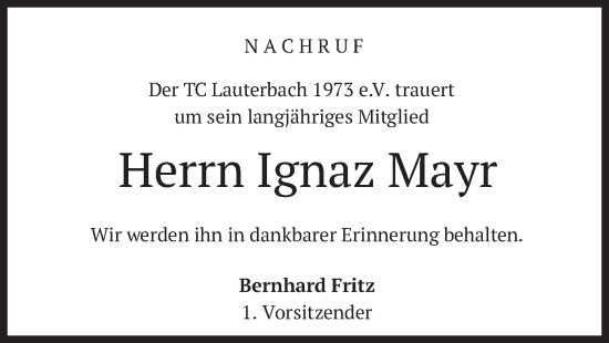 Traueranzeige von Ignaz Mayr von merkurtz