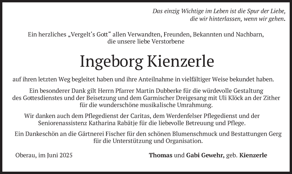  Traueranzeige für Ingeborg Kienzerle vom 21.06.2025 aus merkurtz