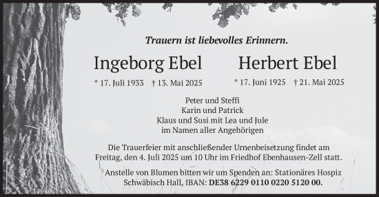 Traueranzeige von Ingeborg und Herbert Ebel von merkurtz