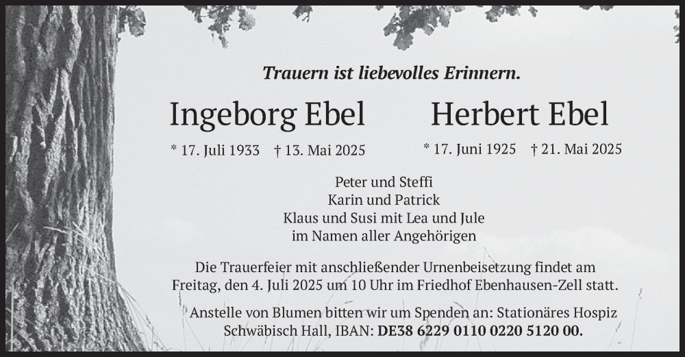  Traueranzeige für Ingeborg und Herbert Ebel vom 28.06.2025 aus merkurtz
