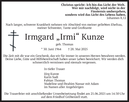 Traueranzeige von Irmgard Kunze von merkurtz