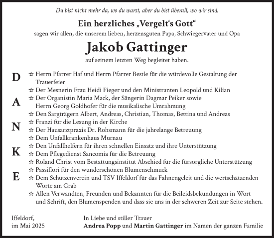 Traueranzeige von Jakob Gattinger von Das Gelbe Blatt Penzberg