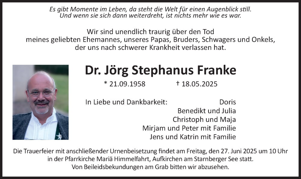  Traueranzeige für Jörg Stephanus Franke vom 21.06.2025 aus merkurtz