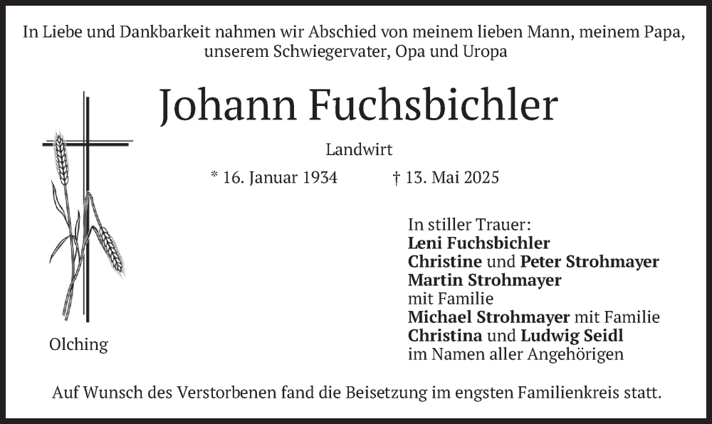 Traueranzeige für Johann Fuchsbichler vom 14.06.2025 aus merkurtz