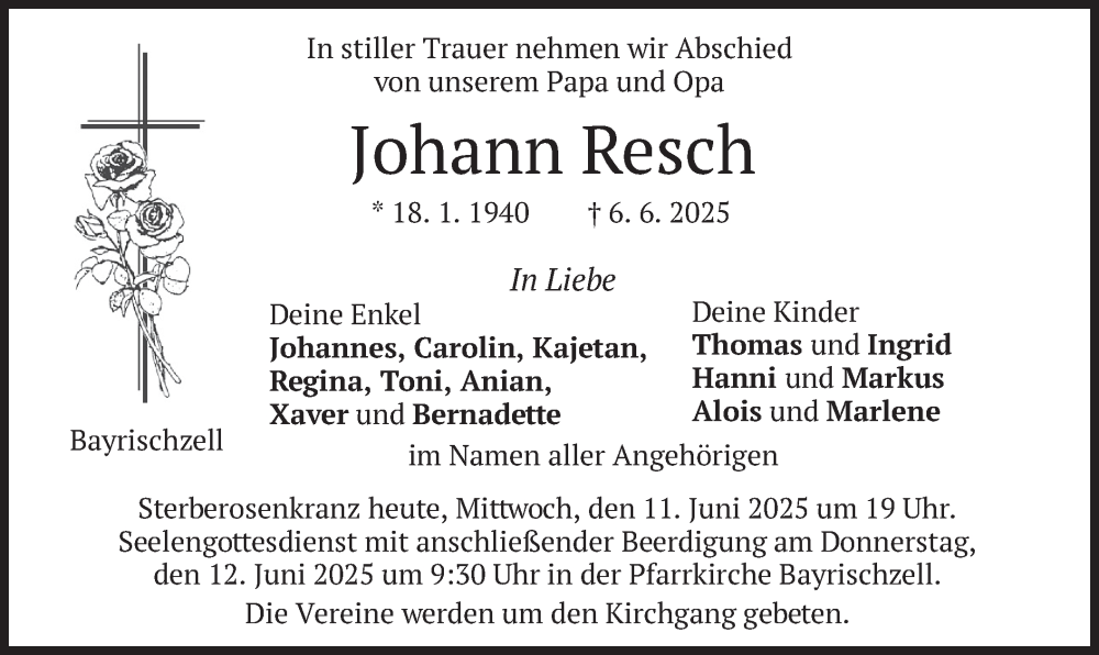 Traueranzeige für Johann Resch vom 11.06.2025 aus merkurtz