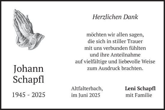 Traueranzeige von Johann Schapfl von merkurtz