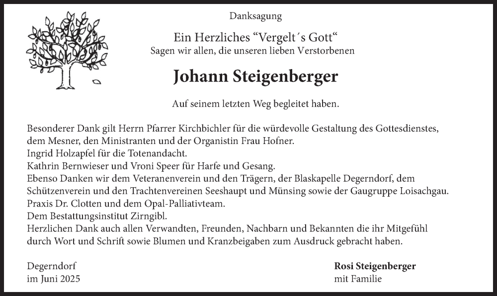  Traueranzeige für Johann Steigenberger vom 14.06.2025 aus merkurtz