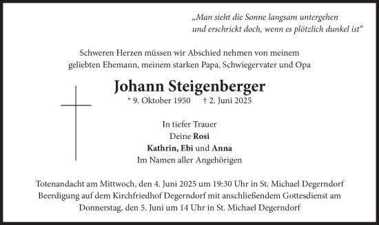 Traueranzeige von Johann Steigenberger von merkurtz