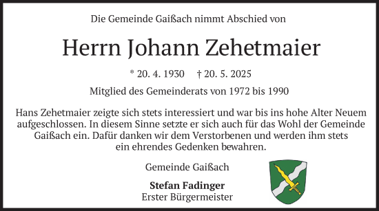 Traueranzeige von Johann Zehetmaier von merkurtz