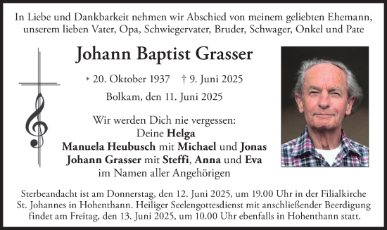 Traueranzeige von Johann Baptist Grasser von merkurtz
